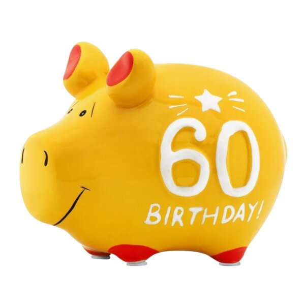 KCG Sparschwein Happy Birthday 60 aus Keramik - Spardose Geburtstag, Jubiläum, Sparbüchse, Geldbüchse