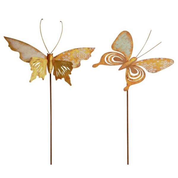 Gartenstecker Schmetterling mit goldenen Flügeln im Rost Design - Rostfigur für den Garten, Gartendeko, Metalldeko