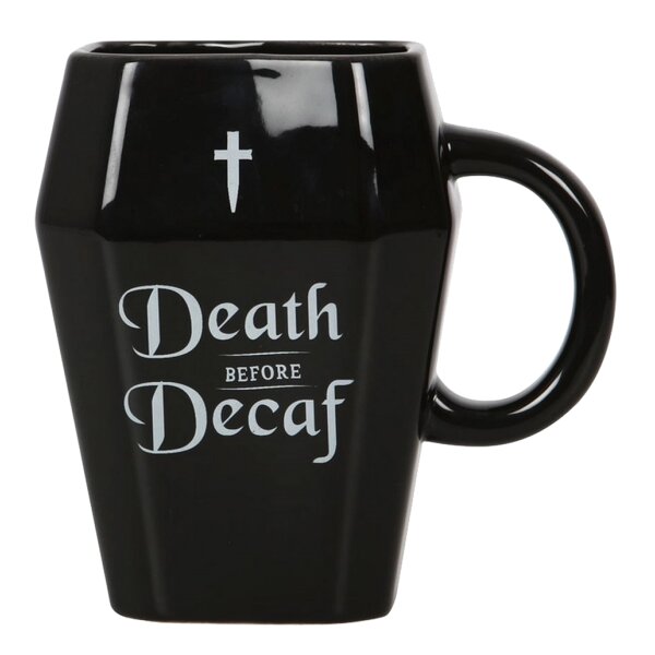 Gothic Halloween Kaffee Becher Sarg "Death before Decaf" - Keramik Tasse, Kaffee Tasse, Koffein