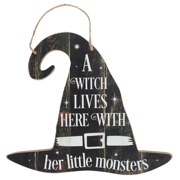 Halloween Hexenhut Schild A witch lives here with her little monsters 35x30 cm - Holzschild Hexe, Wandbild, Türschild, Tür Deko