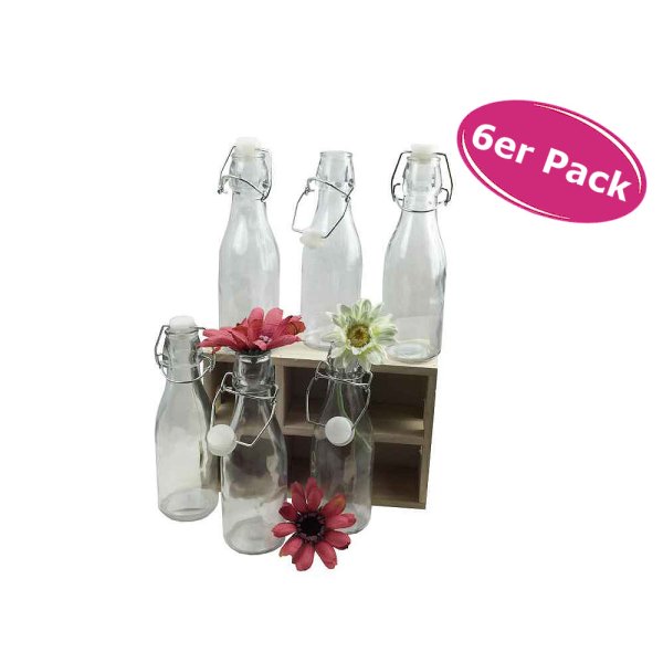 6er Set Glasflaschen / Bügelflaschen im Holz Tablett (z.B. als Vasen für Tischdekoration, Gastronomi