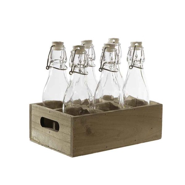 6er Set Glasflaschen / Bügelflaschen im Holz Tablett (z.B. als Vasen für Tischdekoration, Gastronomi