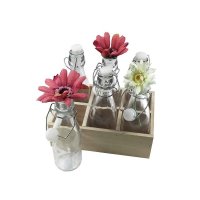 6er Set Glasflaschen / Bügelflaschen im Holz Tablett (z.B. als Vasen für Tischdekoration, Gastronomie