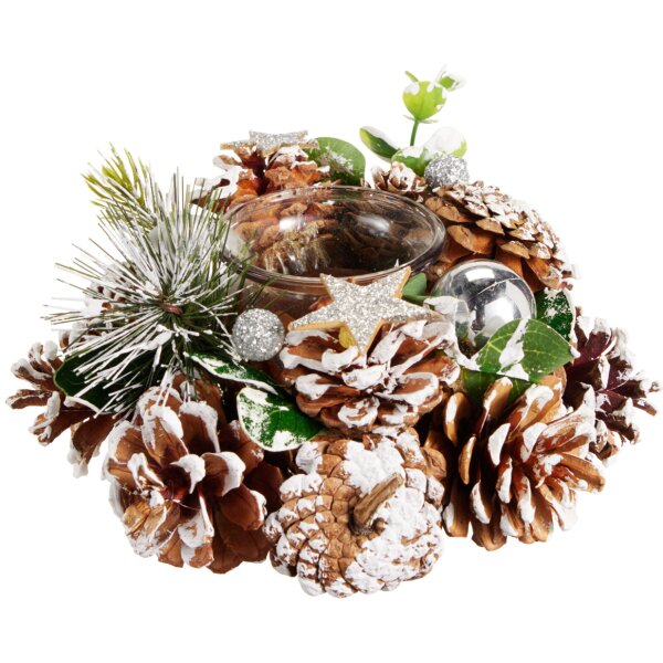 Adventsgesteck D:18 cm mit Zapfen, silbernen Sternen, Kugeln und Teelichtglas - Adventsdeko, Adventskranz, weihnachtliche Tischdeko