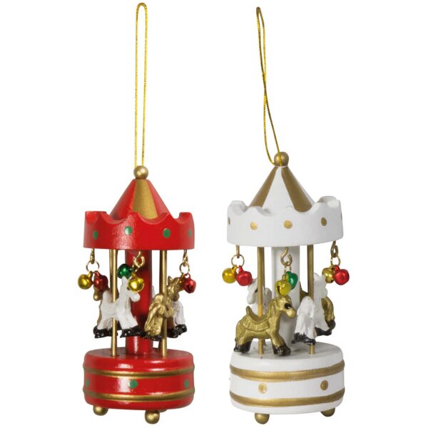Baumschmuck Karussell aus Holz H:10 cm (2er Set) rot & weiss - Baumkugel Jahrmarkt, Weihnachtsdeko, Christbaumkugel, Weihnachten