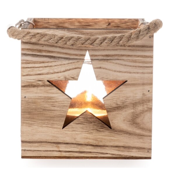Windlicht Holzbox Stern H:14 cm mit Glaseinsatz und Jute Henkel - Kerzenleuchte, Kerzenhalter Weihnachten, Teelichthalter Advent, Garten Terassen Deko
