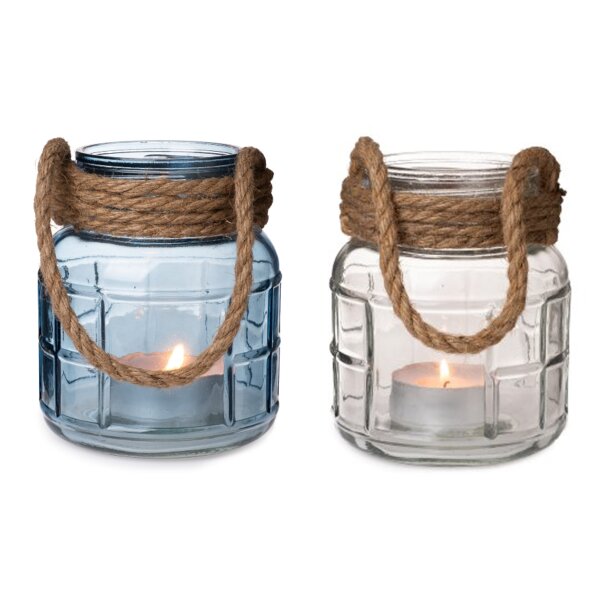 Laterne Windlicht Maritim (2er Set) klar & blau mit Jute-Henkel - Kerzenleuchte, Teelichthalter, Garten, maritime Deko