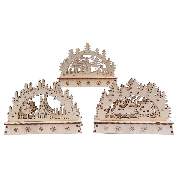 Stimmungsleuchter Winterlandschaft, Lichterbogen aus Holz (3er Set) mit LED - Schwibbogen, Weihnachtsdeko, Adventsdeko
