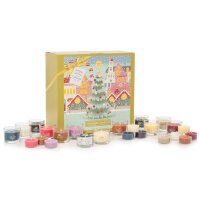 Yankee Candle Adventskalender 2024 Passport to the Holidays Advent Book - Inhalt: 24 Teelichter / Glas-Votivkerzen und 1 Glasteelichthalter
