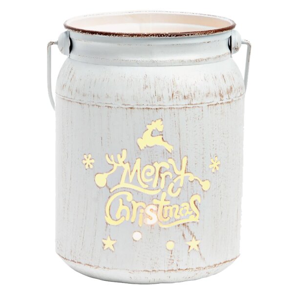 Laterne Windlicht Merry Christmas 14x19 cm weiss aus Metall - Kerzenleuchte, Kerzenhalter Weihnachten, Teelichthalter Advent, Garten Terassen Deko