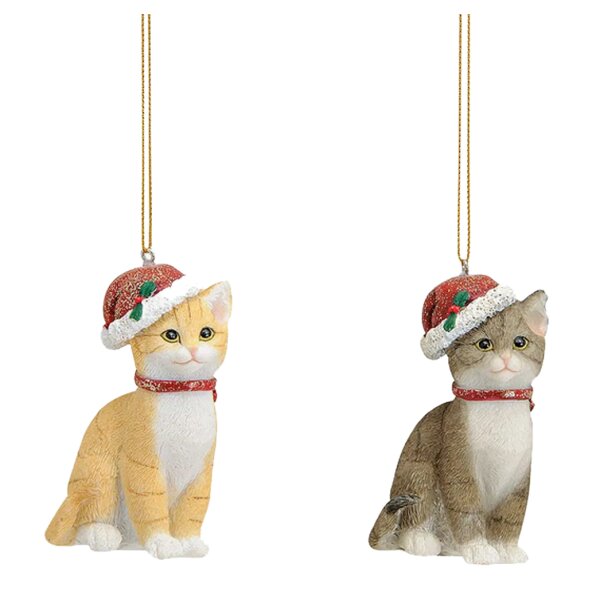 Baumschmuck Katze mit Weihnachtsmütze (2er Set) - Baumkugel für Katzenliebhaber, Weihnachtsdeko Katzen, Christbaumkugel, Weihnachten