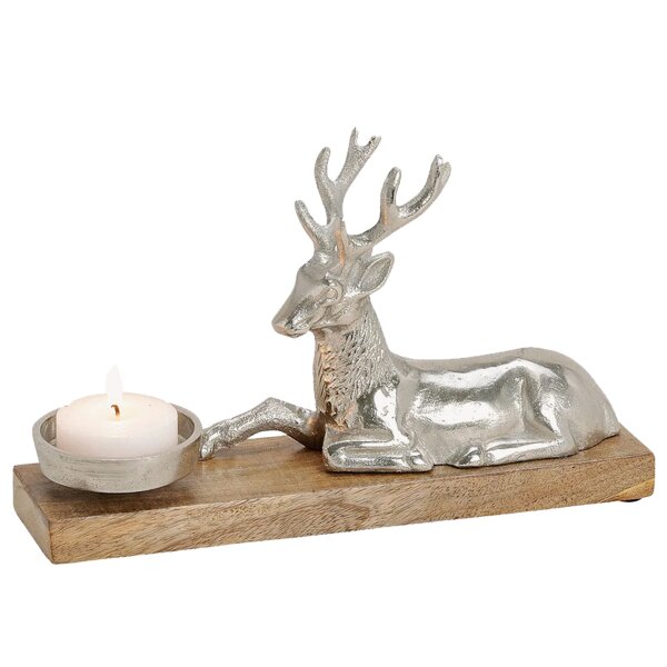 Teelichthalter liegender Hirsch silber auf Mangoholz 30x17 cm - Weihnachten Deko, Adventsdeko Kerzenhalter, Kerzenständer, Advent