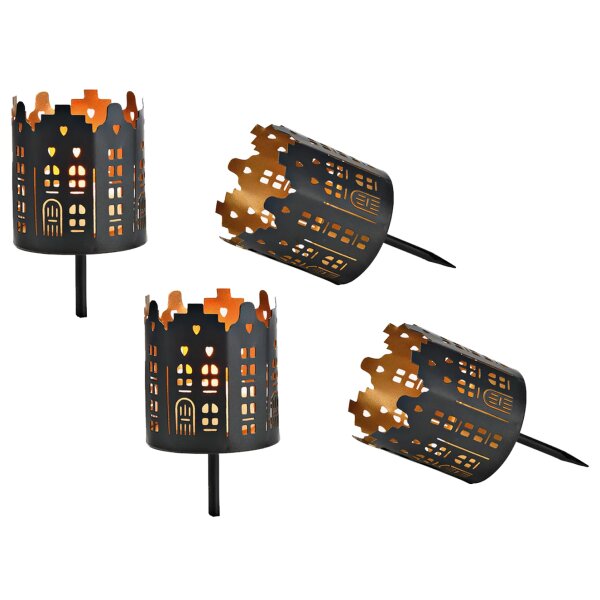Teelichthalter Adventskranz Stadthäuser (4er Set) 14x6 cm Metall schwarz - Bodenstecker Windlicht Adventskranz, Weihnachsdeko, Kerzenhalter