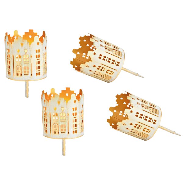 Teelichthalter Adventskranz Stadthäuser (4er Set) 14x6 cm Metall weiss - Bodenstecker Windlicht Adventskranz, Weihnachsdeko, Kerzenhalter