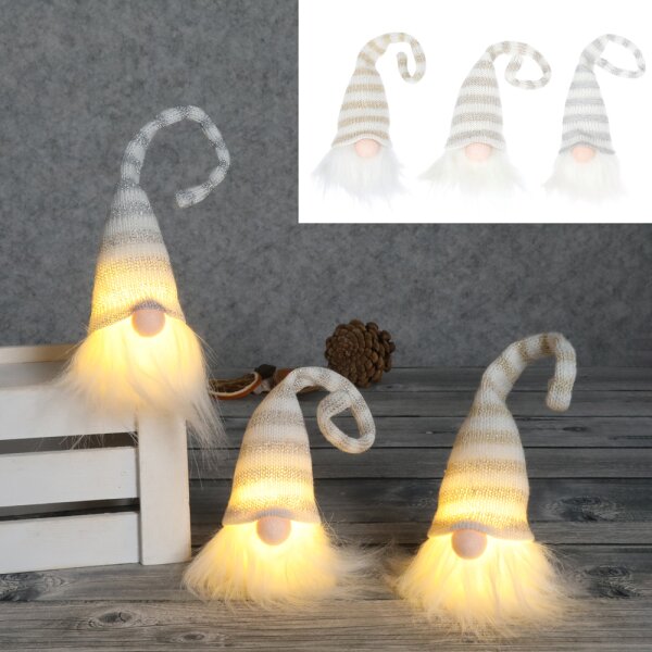 Leuchtende LED Wichtel gestreift (3er Set)  - LED Gnome, Wichtelgeschenk, Adventsdeko, Weihnachtsdeko