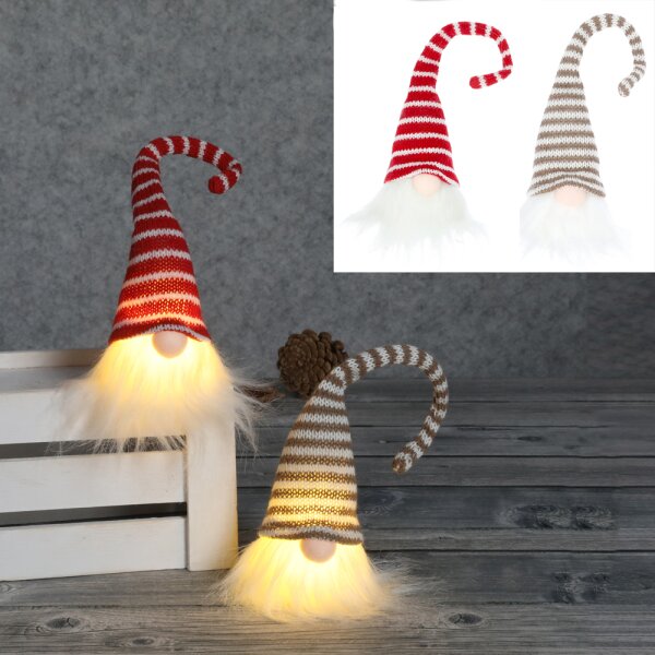 Leuchtende LED Wichtel gestreift (2er Set) rotweiss, braunweiss  - LED Gnome, Wichtelgeschenk, Adventsdeko, Weihnachtsdeko