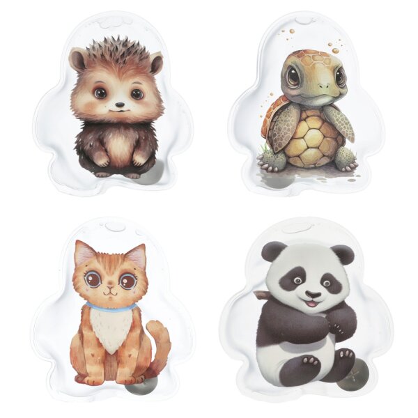Taschenwärmer Süsse Tiere (4er Set) -  Panda, Igel, Katze, Schildkröte -  Wichtelgeschenk, Handwärmer, Taschenheizkissen