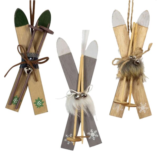3er Set Ski mit Fell-Deko und Glöckchen 15 cm zum Hängen - Deko Ski, Winterdeko, Deko Skihütte, Baumschmuck