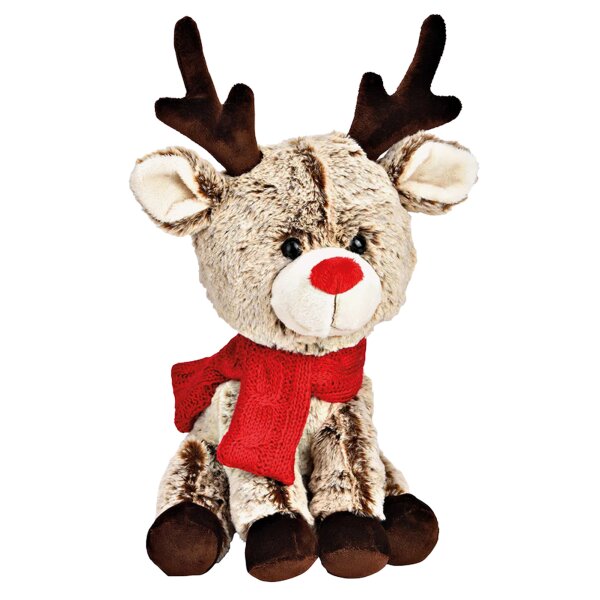 Rentier sitzend mit Schal aus Plüsch - Deko Rentier, Kuscheltier Plüschtier Weihnachten, süsse Winterdeko