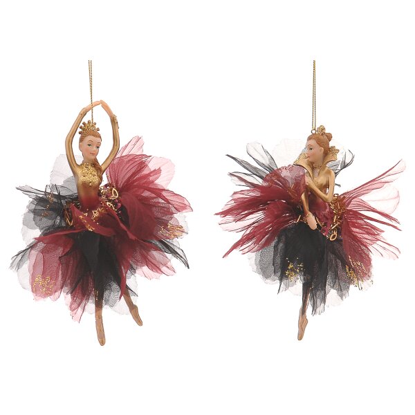Baumschmuck Ballerina Ballett Tänzerin rot schwarz gold mit Federkleid (2er Set) - Ballett Weihnachtsdeko, Christbaumkugel, Weihnachten