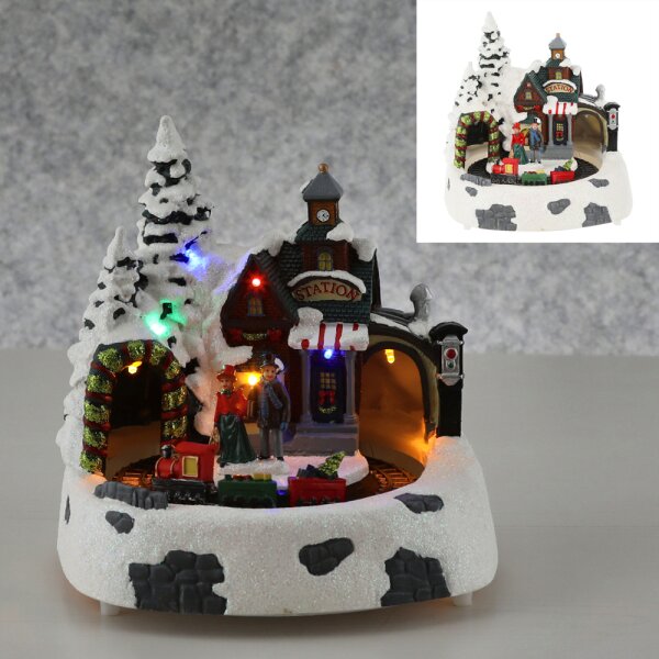 Nostalgie Spieluhr Winterlandschaft mit Beleuchtung und fahrendem Zug - Weihnachtsdekoration, Winterdeko Bahnstation