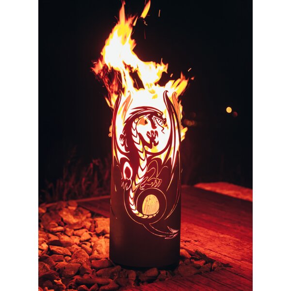 Feuersäule Fliegender Drache im Rost Design, Feuerschale, Feuerstelle für den Garten, Geschenkidee Feuerkorb