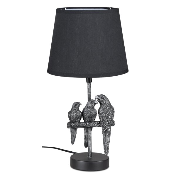 Tischleuchte Lampe Papagei H:40 cm antik silber mit schwarzem Lampenschirm - Tischlampe, Moderner Deko Stil, Tierleuchte