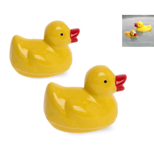 Ente gelb 2er Set aus Porzellan schwimmend 7-8 cm als Teich Deko - Deko für Vogeltränke, Fische, Gartenteich, Schwimmtiere, Gartendeko