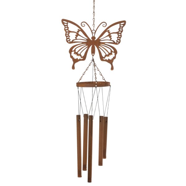 Windspiel Schmetterling mit Klangspiel H:73 cm im Rost Design - Garten Deko, Rostdeko, Hänger, Fensterschmuck, Wind Spiel