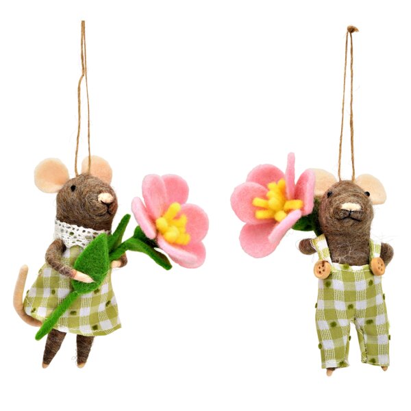 Hänger Maus Mäusepaar mit Blume aus Filz (2er Set) H:13 cm -  Osterdeko, Geschenkanhänger Ostern, Frühlingsdeko, Osterhase