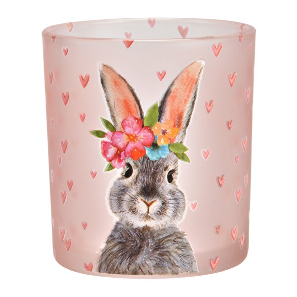 Glas Windlicht Ostern Hase mit Herzen rosa H:8 cm - Deko Osterhase, Osterdeko, Kerzenleuchte Kerzenhalter, Teelichthalter Hase, Garten Deko, Tischdeko