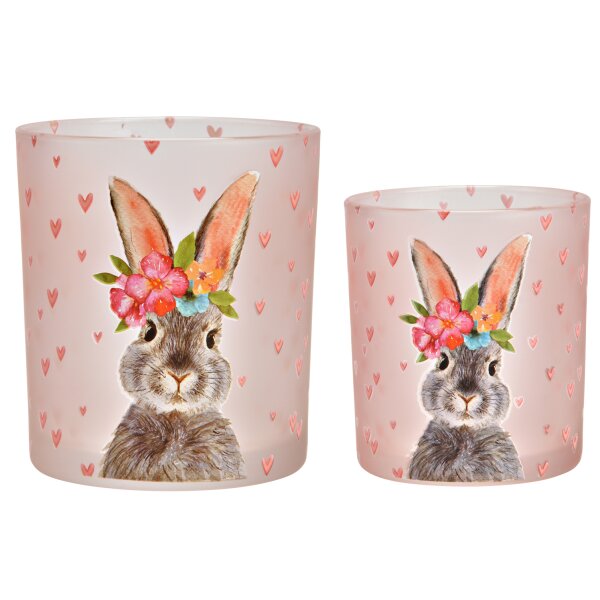 Glas Windlicht Ostern Hase mit Herzen rosa (2er Set) H:8-10 cm - Deko Osterhase, Osterdeko, Kerzenleuchte Kerzenhalter, Teelichthalter Hase, Garten Deko, Tischdeko