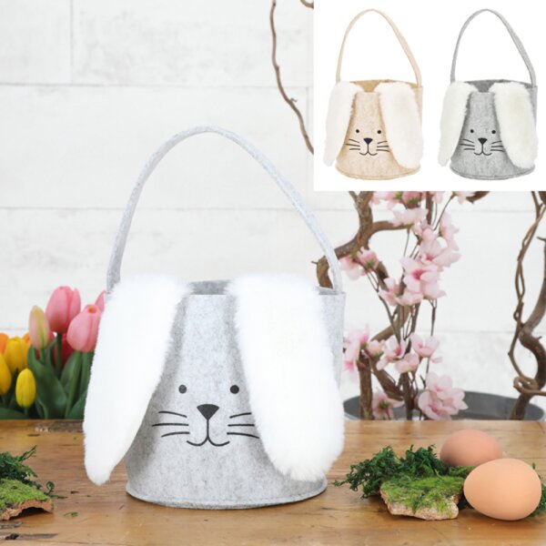 Filzkorb Osterkorb Hase Osterhase mit Plüschohren (2er Set) hellgrau, hellbraun H:15 cm - Filztasche, Geschenkkorb Ostern, Osterdeko, Frühlingsdeko,Geschenkverpackung Filz Korb Ostern