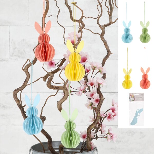 Hänger Osterhase Honeycomb mit Magnetverschluss (4er Set) 12 cm -  Osterdeko, Geschenkanhänger Ostern, Frühlingsdeko, Hase
