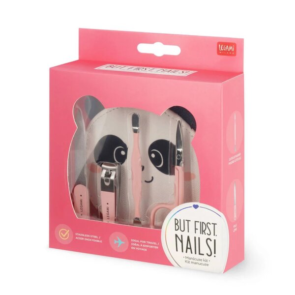 Legami Maniküre Set im PANDA Etui "But first Nails!" - Nagelschere, Nagelknipser, Nagelfeile, Nagelhautschieber - Nagelpflege, Styling