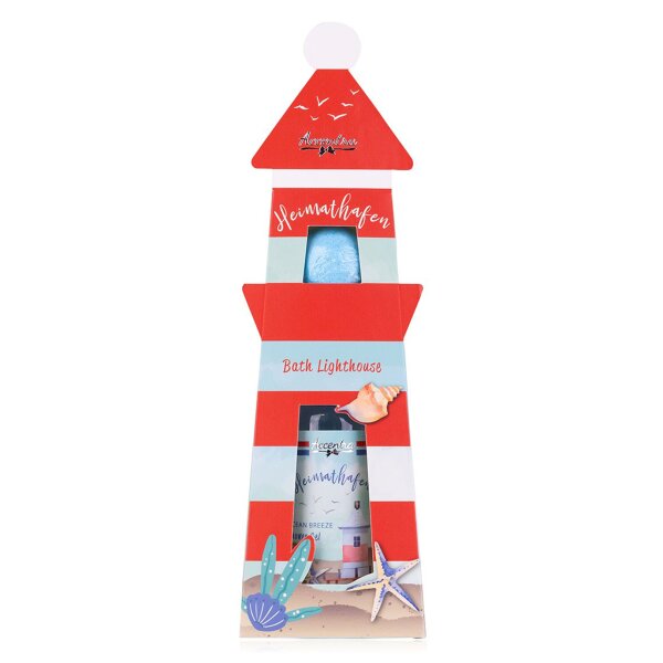 Badeset Heimathafen Leuchtturm mit Duschgel & Badefizzer  - Wellness Geschenk maritim, Badebombe, Ocean Breeze Duft, maritimes Geschenk