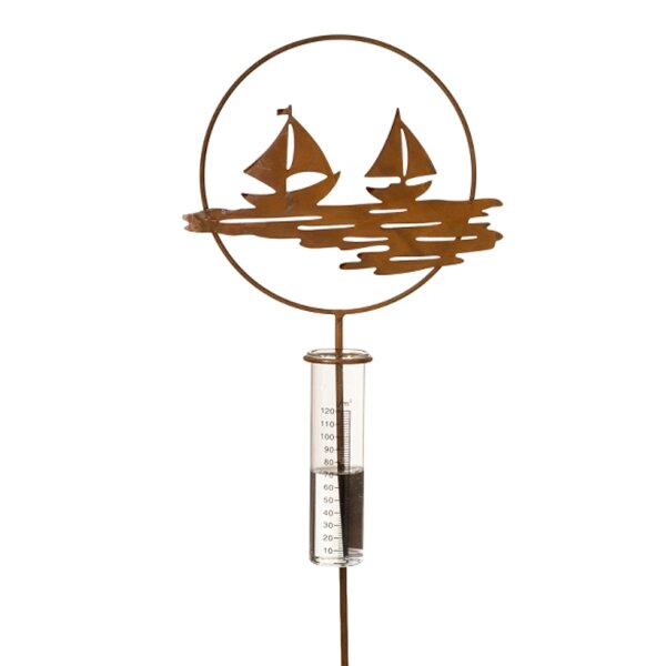 Regenmesser Gartenstecker Segelschiff im Ring H:100 cm im Rost Design - Deko Niederschlagsmesser maritim, Schiff, Küste, maritime Gartendeko Segelboot, Metalldeko