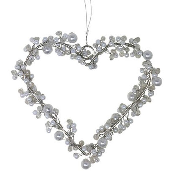 Drahtherz / Perlenherz, White Pearls zum Aufhängen 13 x 14 cm - Herz aus Draht, Fensterdeko Liebe, Muttertag