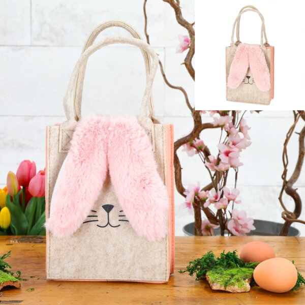 Filztasche Osterkorb Hase Osterhase mit Plüschohren creme-rosa H:20 cm - Filzkorb, Geschenkkorb Ostern, Osterdeko, Frühlingsdeko,Geschenkverpackung Filz Korb Ostern
