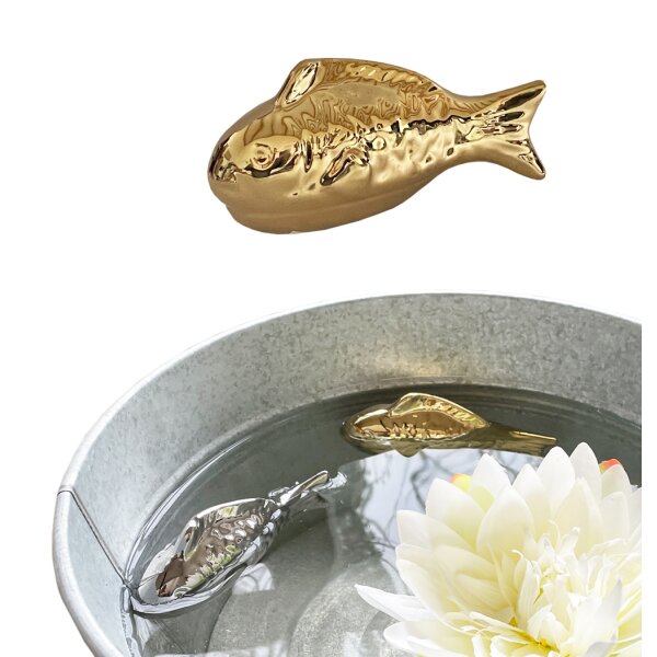 Teichdeko Schwimm Fisch gold 11 cm aus Porzellan schwimmend für Schwimmschale, als Teich Deko, Deko für Vogeltränke etc. - Fische, Schwimmtiere
