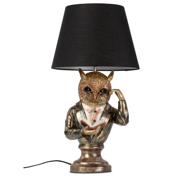 Tischleuchte Leselampe Eule mit Buch H:56 cm antikfarben mit schwarzem Lampenschirm - Tischlampe, Lampe, Moderner Deko Stil, Tierleuchte