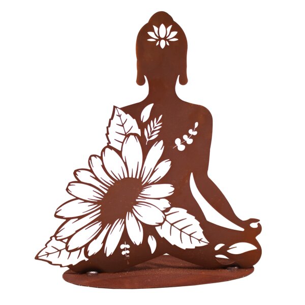 Feng Shui Yogafigur mit Lotusblume auf Platte 40x35 cm im Rost Design - Lebensenergie und Wohlbefinden als Gartendeko, Rostfigur Glücksbringer, Schutzsymbol, Kraftspender