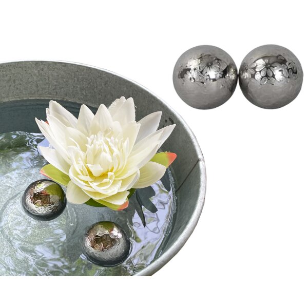 Schwimmkugel Blüte aus Porzellan silber D:6 cm (2er Set) - Teichdeko, Kugel schwimmend, Schwimmschale, Gartenteich, Garten Deko