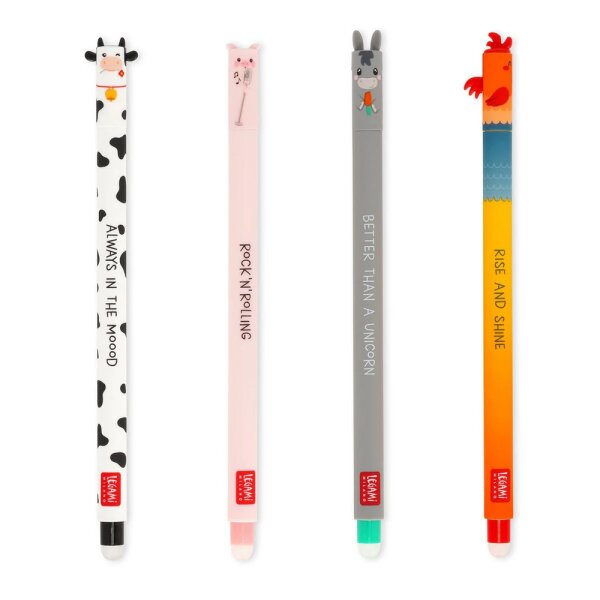Legami Löschbarer Gelstift 4er Set "Farm Sweet Farm" - Kuh, Schwein, Esel, Hahn - Erasable Gel Pen, Stift , Gelschreiber