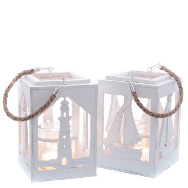 Laterne Windlicht Maritim (2er Set) weiss aus Holz H:22 cm mit Kerzenglas & Jutehenkel - Kerzenleuchte, Teelichthalter, Garten, maritime Deko