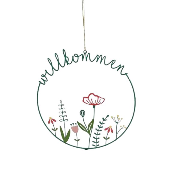 Hänger Willkommen mit Blumen D:30 cm aus Metall - Türdeko, Willkommensgruß, Aufhänger Blumen, Gartendeko
