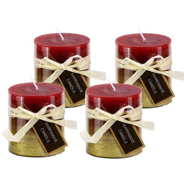 Stumpenkerze, handgemacht Rot-Gold-Metallic (4er Set) 7,2 x 6,8 cm - Kerze für Adventskranz, Kerzen, Advent