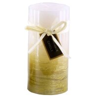 Stumpenkerze, handgemacht Weiss-Gold-Metallic 14 x 6,8 cm...