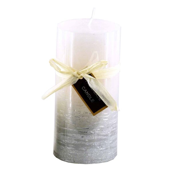 Stumpenkerze, handgemacht Weiss-Silber-Metallic 14 x 6,8 cm - Kerze für Adventskranz, Kerzen