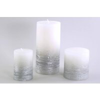 Stumpenkerze, handgemacht Weiss-Silber-Metallic 14 x 6,8 cm - Kerze für Adventskranz, Kerzen